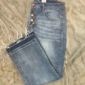 Time and Tru Distressed High-Rise Button-Fly Cropped Jeans - Blue